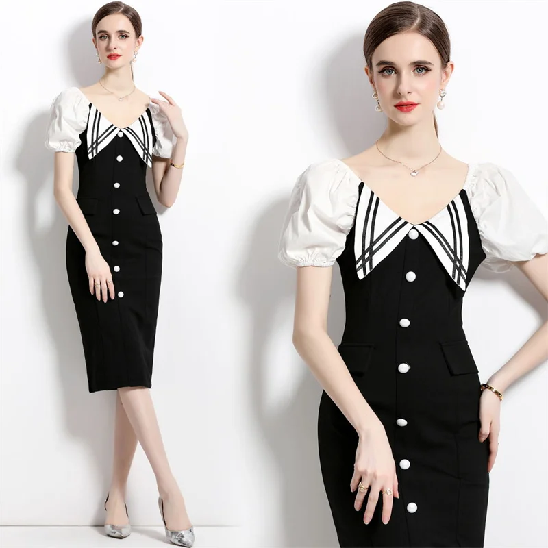 Korean Women Evening Dresses Fashion Black Color Bodycon Package Hip Puff Sleeve Young Lady V-neck Rome Cotton Summer Vestidos
Korean Women Evening Dresses Fashion Black Color Bodycon Package Hip Puff Sleeve Young Lady V-neck Rome Cotton Summer Vestidos