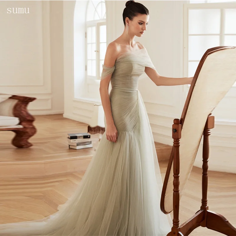 Off Shoulder Pleated Prom Dresses Mermaid Sleeveless vestidos de noche Tulle Floor-Length Formal Evening Customized 2 S49d1a4183ad0438590587dbd325acec8o
