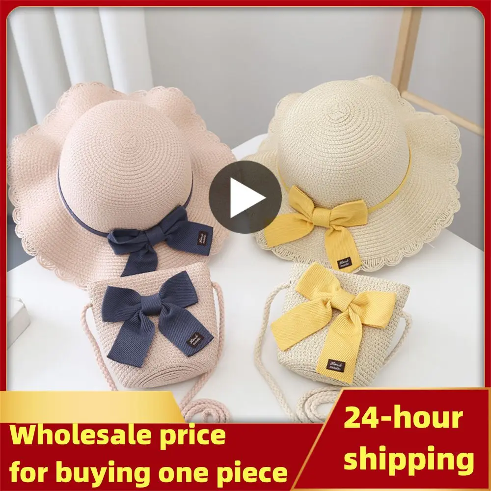 

Summer Girl Sun Hat Backpack New Children's Straw Weave Beach Caps Bow Tie Headgear Sandy Beach Supplies Cute Coin Purse