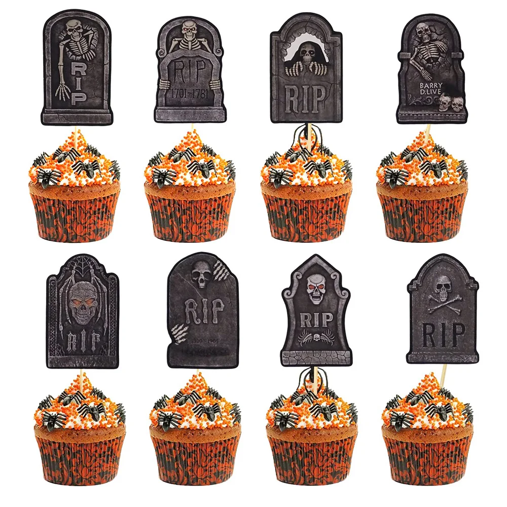 

8 PCS Tombstone Cupcake Toppers Picks Halloween Graveyard Cake Decor Table Centerpiece Sticks Halloween Themed Party Decorations