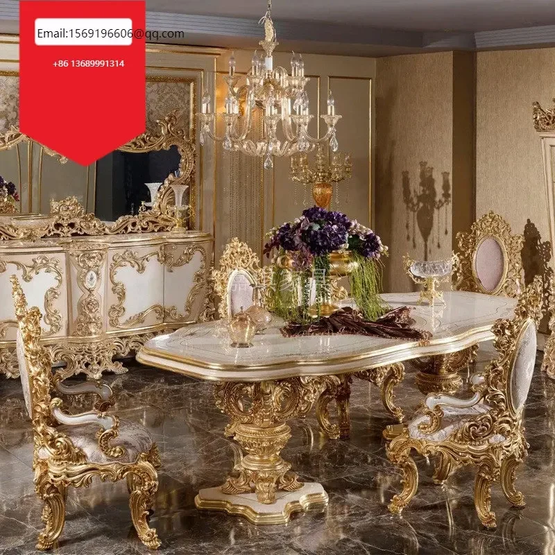 Custom European style solid wood long dining tables and chairs luxury gold foil Italian color painting craft
Custom European style solid wood long dining tables and chairs luxury gold foil Italian color painting craft