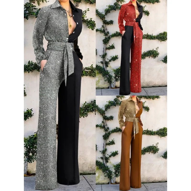 

Elegant Women Sequins Jumpsuit Onepieces Y2K Chic Clothes Autumn Winter Long Sleeve Corset Lace Up Wide Leg Pants Overalls