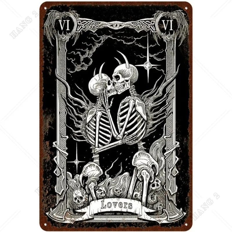 

Vintage Black and White Skull Tin Sign - Tarot Card Lovers Metal Signs - Retro Halloween Wall Decor Home Room Wall Signs Posters