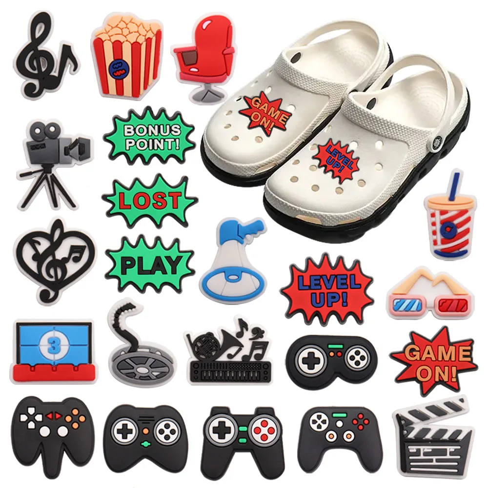 

New Arrival 1-22pcs Shoe Charms English Slogan Movie Camera Accessories PVC Shoe Decoration For Wristbands Croc Jibz Gift