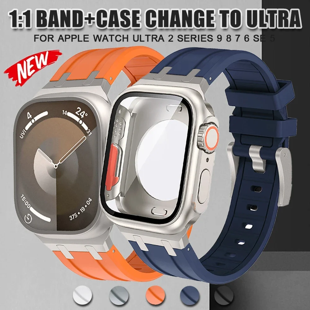 

Silicone Band Glass Case For Apple Watch Ultra2 49mm Series 9 8 7 45mm Strap For iWatch 6 5 4 se 44mm 42mm Change To Ultra Cover