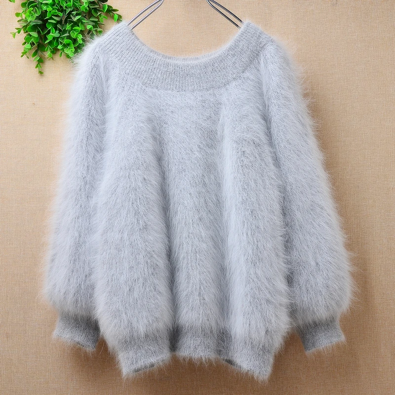 

Female Women Fall Winter Clothing Grey Hairy Mink Cashmere Knitted Three Quarter Sleeves O-Neck Loose Pullover Sweater Jumper