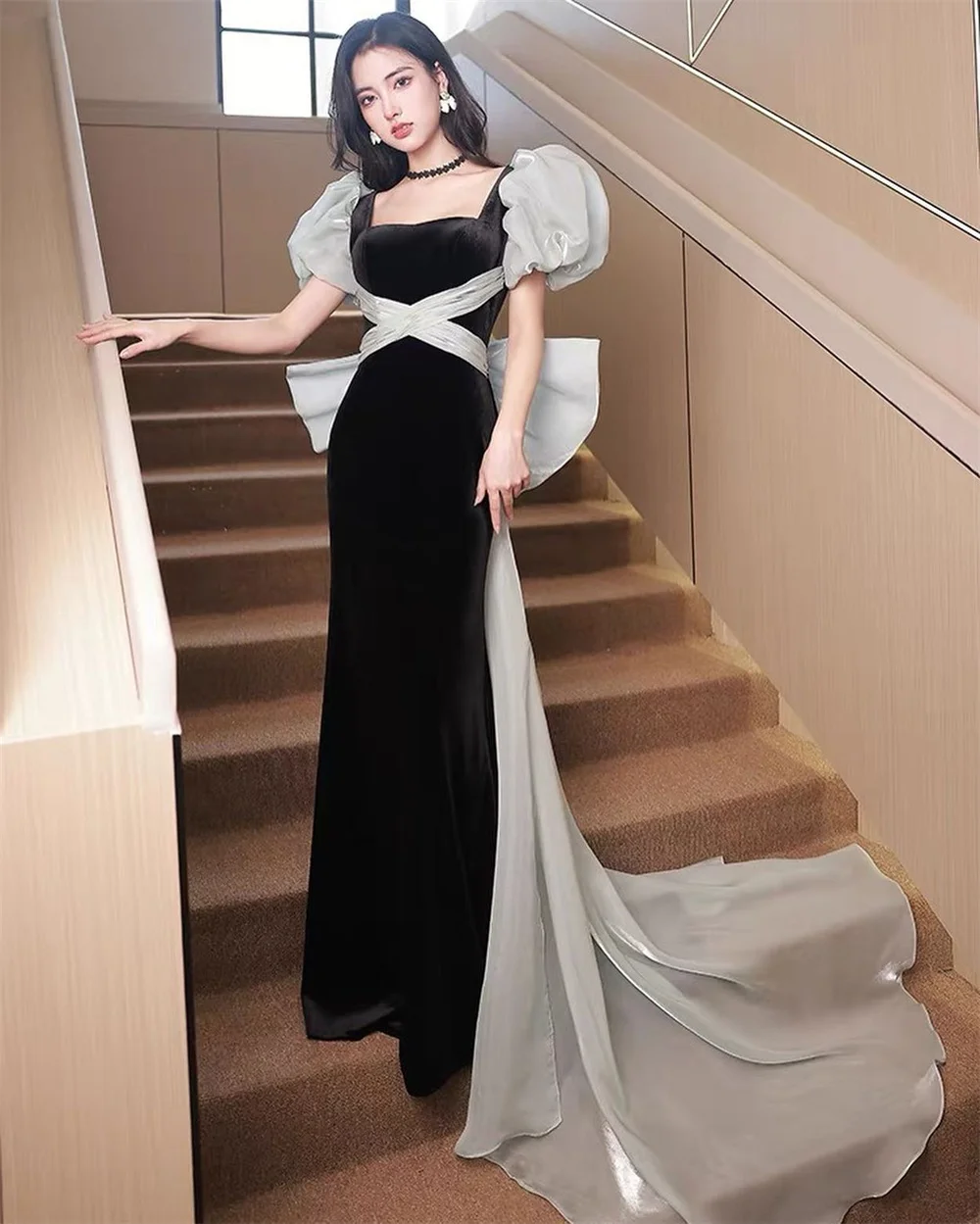 

Square Collar Robe De Soirée Custom Made Evening Gown Ruched Puffy Sleeves Mermaid Bowtie Party Dress Elegant Prom Dresses