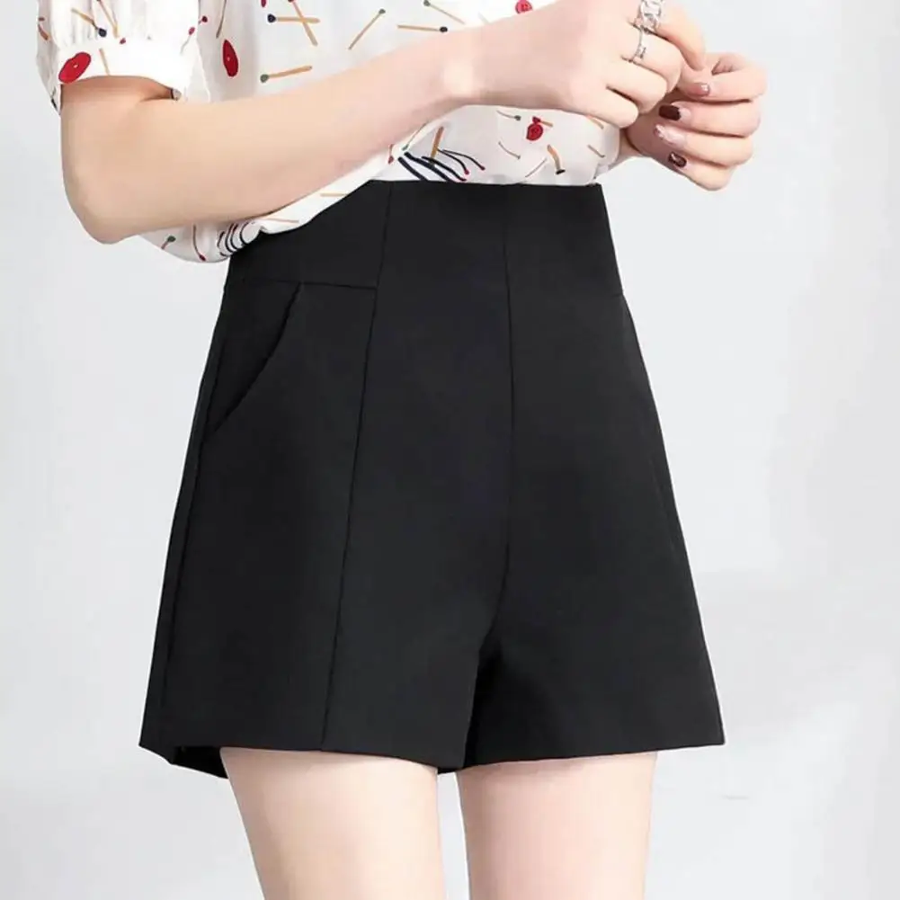 

Women Summer Shorts A-line Solid Color High Waist Hidden Zipper Closure Side Pockets Plus Size Commute Dating Office Mini Shorts