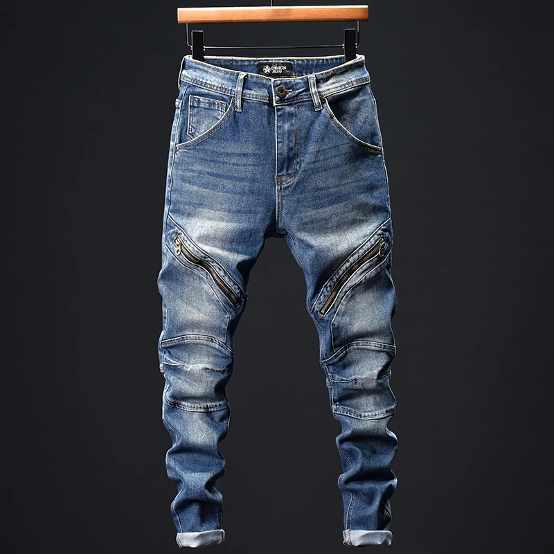 

Personality Zipper Trendy Slim-Fitting Biker Skinny Three-Dimensional Jeans Men's Street Fashion Retro Washed Distressed Long