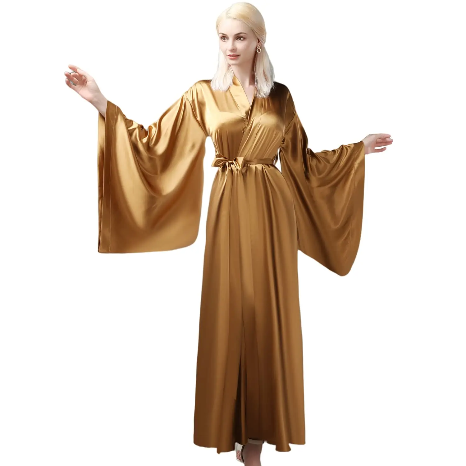 

Elegant Elastic Silk Like Satin Bath Robe For Women Gold Side Split Strap High Quality Nightgown Plus Size Same As The Picture