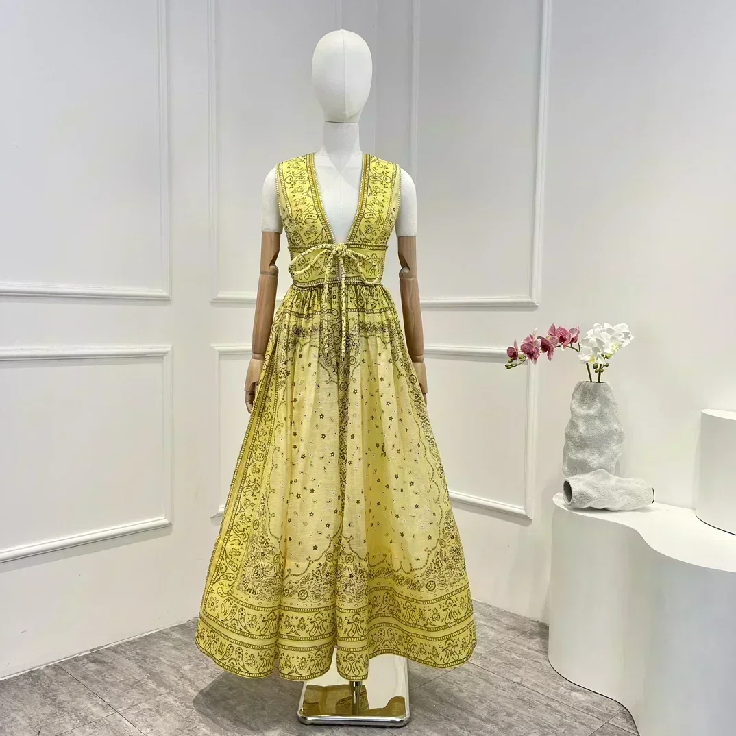 Paisley Yellow 2023 New Summer Silk Linen High Quality Beach Style Sleeveless Lace-up Woman Midi Dress for Party
Paisley Yellow 2023 New Summer Silk Linen High Quality Beach Style Sleeveless Lace-up Woman Midi Dress for Party