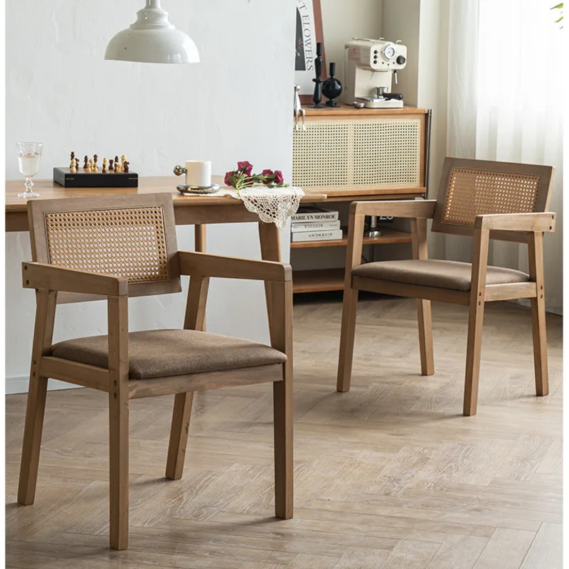 

Nordic Dining Chairs Solid Wood Vine Weaving Restaurant Stools Comfortable Soft Bag Armhair Supports 150kg Kitchen Furniture