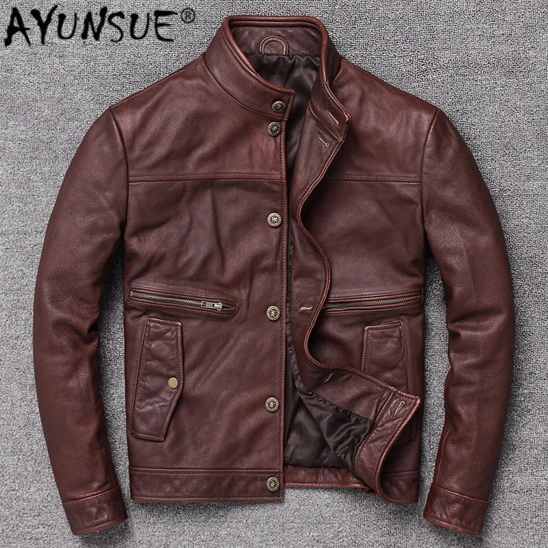 

Men's Leather Jacket Men 100% Real Cow 2024 Spring New Fashion Mandarin Collar Mens Clothing X-1931 PWX22