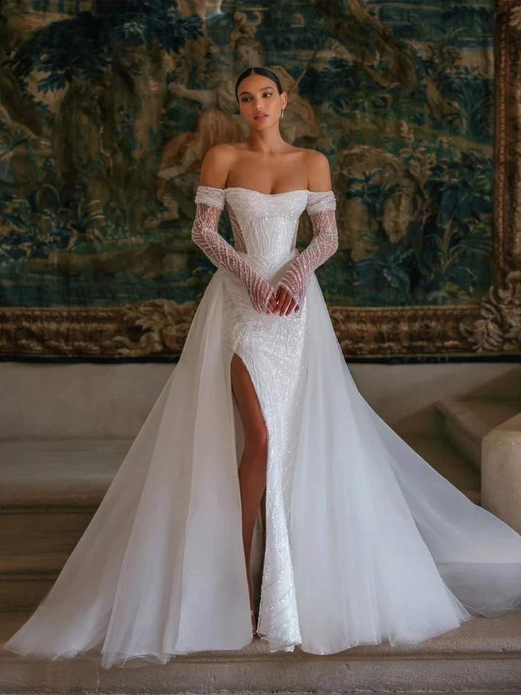 Elegant Wedding Dress For Bride 2023 White Side Slit Tulle Bling Off The Shoulder Strapless Long Sleeve A-Line Detachable Train
Elegant Wedding Dress For Bride 2023 White Side Slit Tulle Bling Off The Shoulder Strapless Long Sleeve A-Line Detachable Train