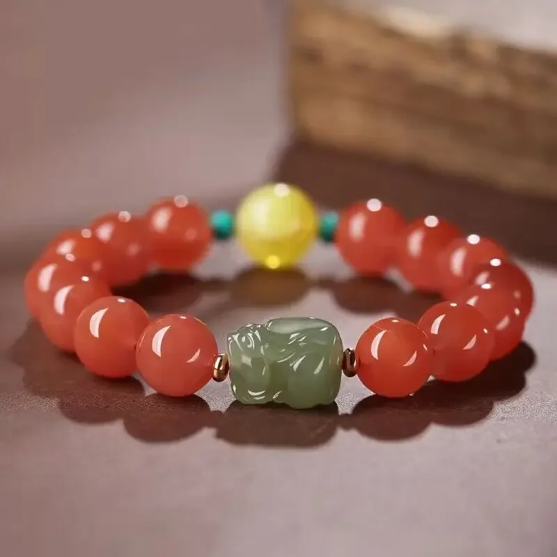 

New Natural Hetian Jade Lucky Brave Single Circle Bracelet for Men and Women South Red Agate Beeswax Bead Handstring for Lovers