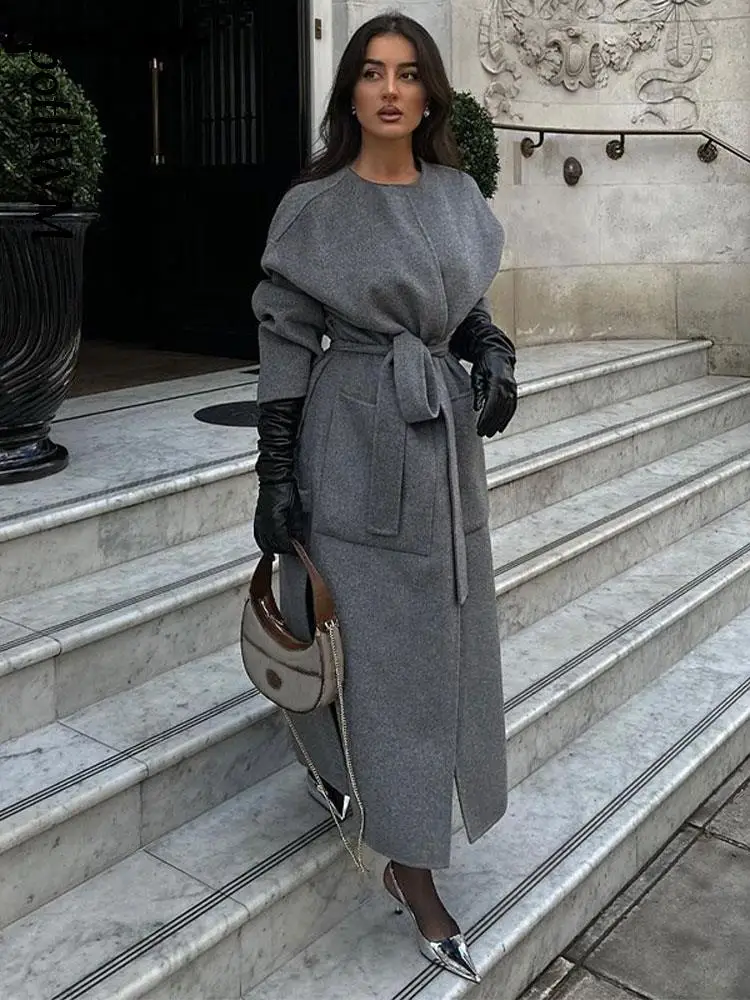 

Elegant Lace-up Wool Blends Long Coats Women Long Sleeve O Neck Overcoats Autumn Winter Femael Street Double Pockets Outerwears