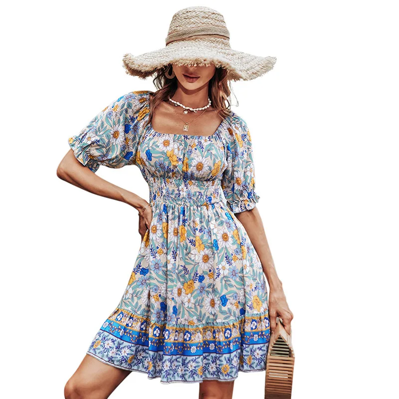

Women Flounce Sleeve Square Neck Shirred Waist Summer Floral Print Ruffle Hem A Line Knee Length Dress
