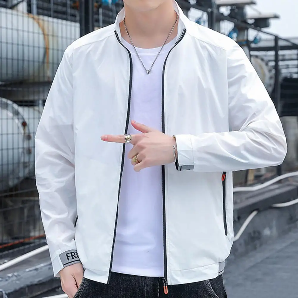 

Men Sunscreen Coat Jacket Long Sleeve Pocket Zipper Stand-up Collar Elastic Cuff Casual Fishing Jacket Summer Sunscreen Coat