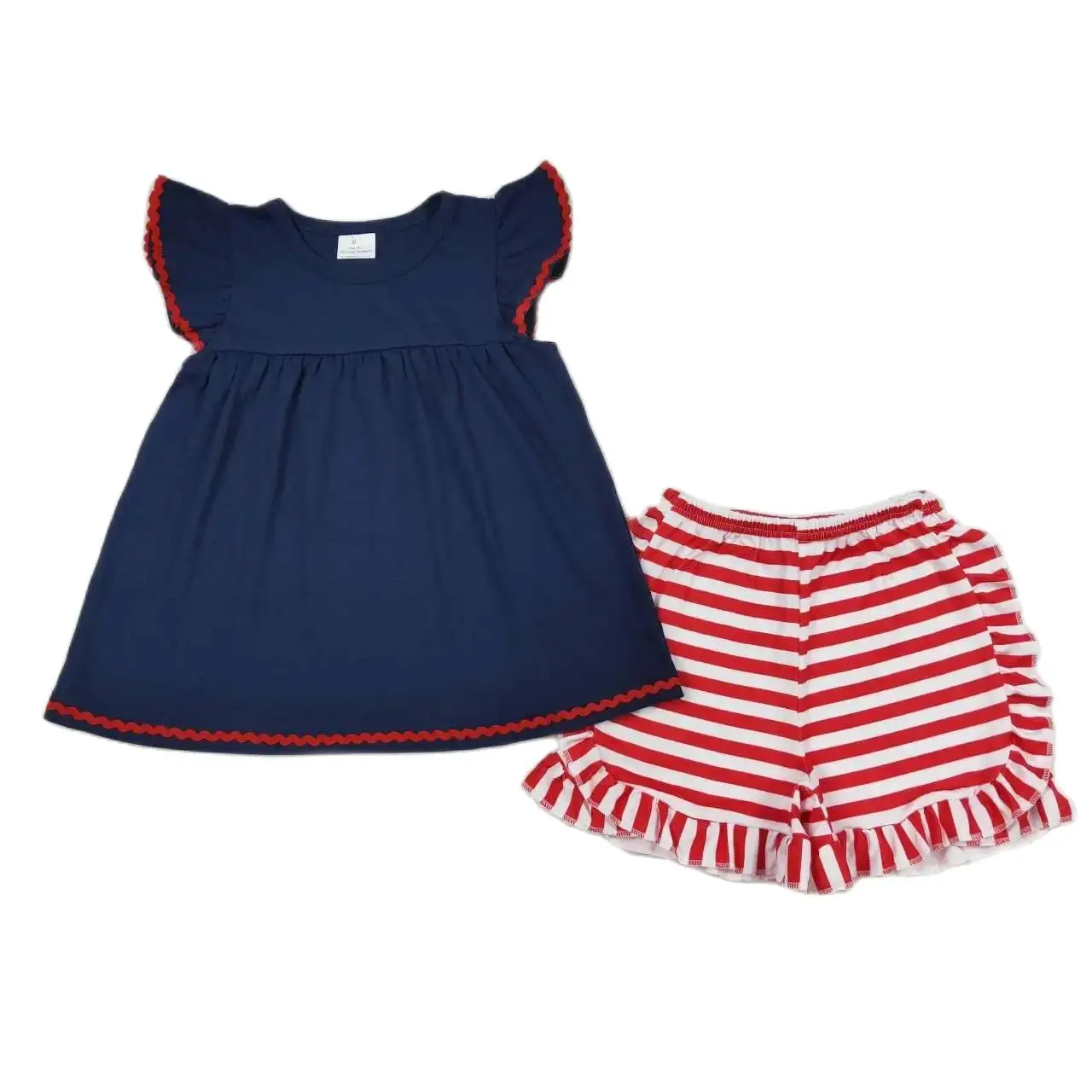 

Wholesale July 4th Kids Summer Short Sleeves Cotton Naby Blue Tunic Toddler Set Children Red Stripes Shorts Baby Girl Outfit