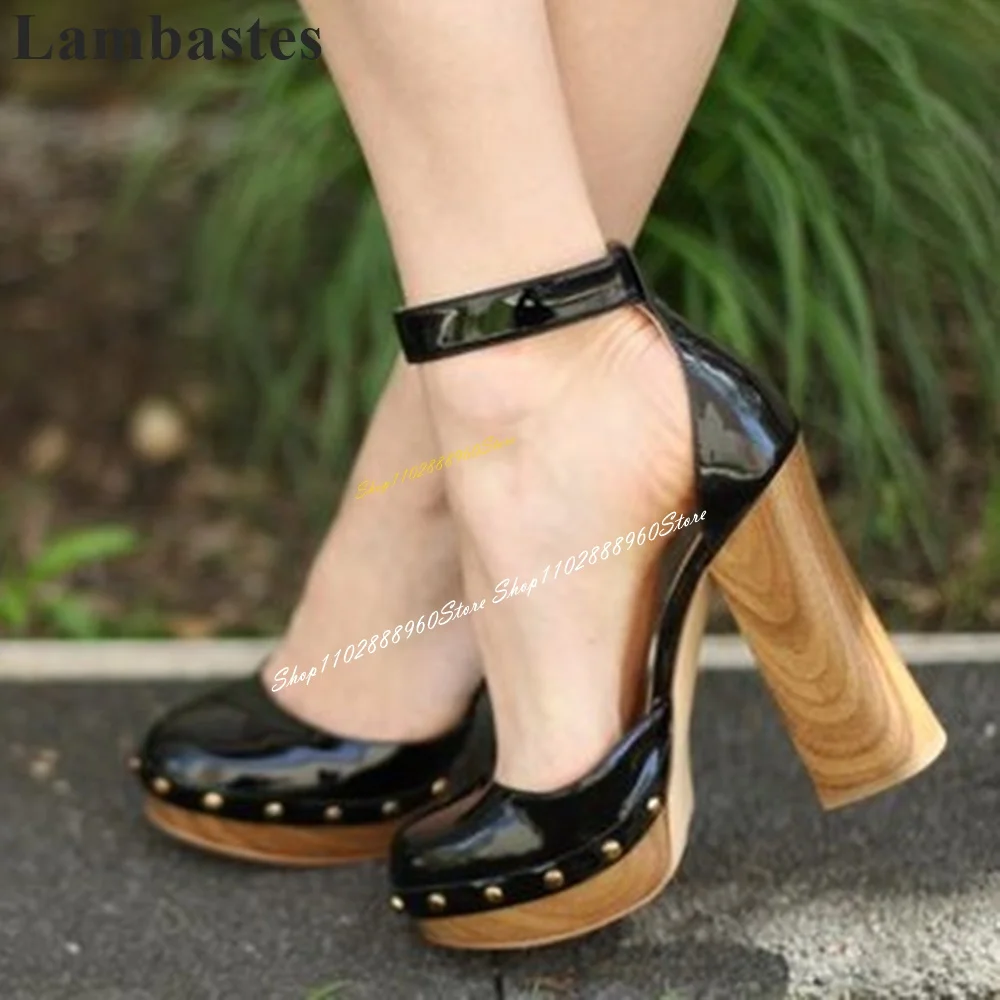 

Patent Leather Black Wood Print Platform Sandals Thick Heel Women Shoes Ankle Buckle Strap Round Toe 2024 Zapatos Para Mujere