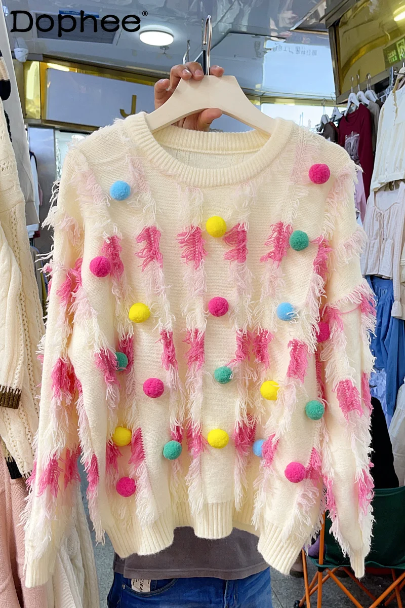 2023 Autumn Winter Korean Lazy Style Loose Sweater Pullover Women's Heavy Industry Color Ball Tassel Tie-Dyed Tassel Knitted Top
2023 Autumn Winter Korean Lazy Style Loose Sweater Pullover Women's Heavy Industry Color Ball Tassel Tie-Dyed Tassel Knitted Top