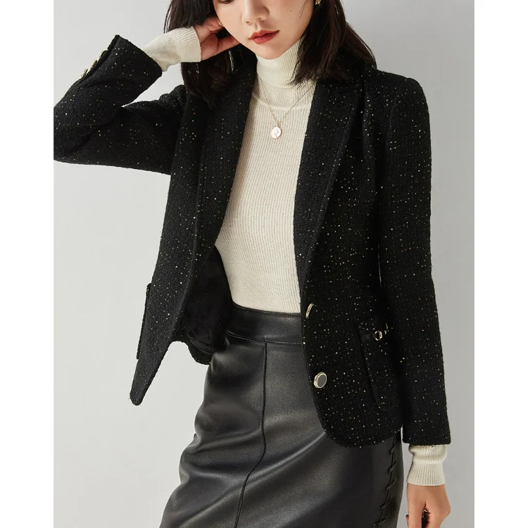 

Black Suits Jackets for Women Design 2023 Autumn Tweeds Lapel Single-breasted Tops Creamy-white Blazers Urban Style Bling Coats