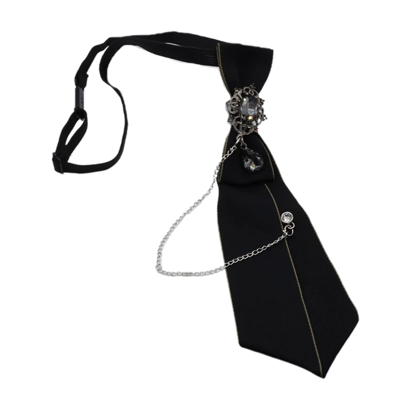 

50JB Men Women Steampunk Black Necktie Gothic for Rhinestone Metal Chain Crystal Pendant Jewelry Bowtie Adjustable Pre-Tied Bow