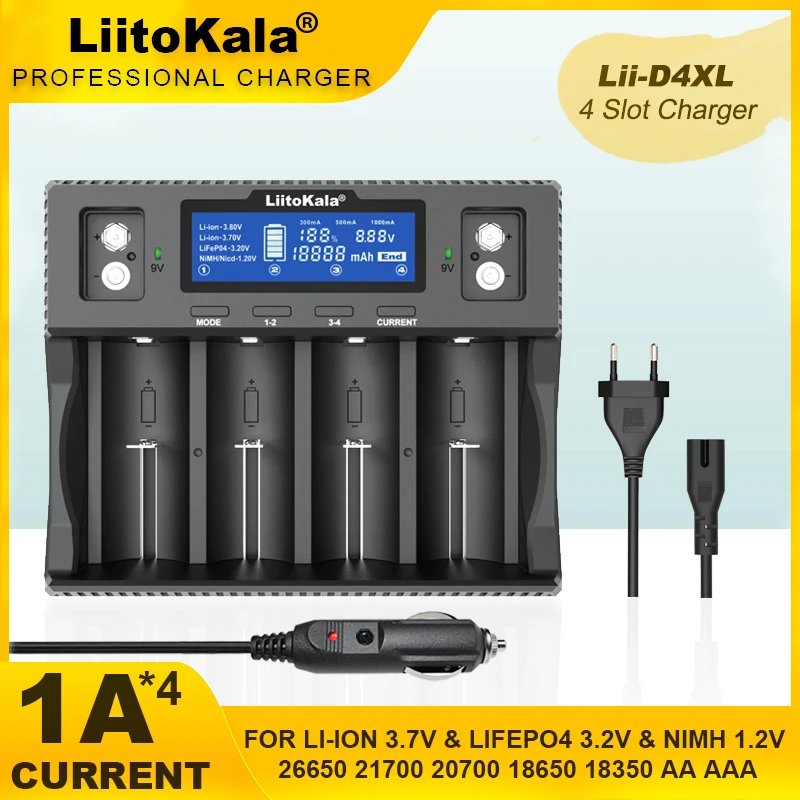 

LiitoKala Lii-D4XL LCD Display 21700 18650 3.7VLi-ion 3.2V LiFePO4 1.2V NiMH/Cd 26650 26700 32700 D AA AAA 9V Battery Charger