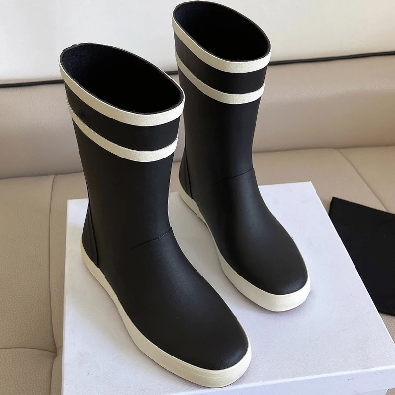 

Leather Mid Calf Rainboots for Women Round Toe Concise Modern Boot Autumn Winter Fashion Runway Shoes Waterproof Slip On Boots
