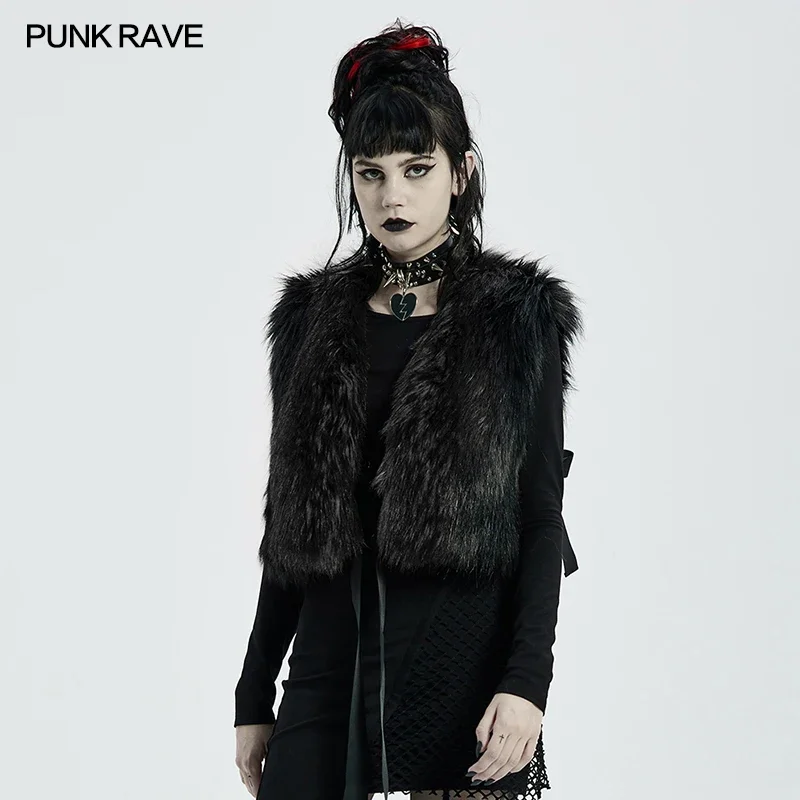 

PUNK RAVE Women's Punk Gorgeous Black Stripe Woollen Coat Gothic Fashion Loose Keep Warm Zipper Cardigan Short Vests Jacket