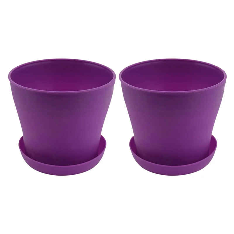 

2X Plastic Plant Flower Pot Planter With Saucer Tray Round Gloss Home Garden Decor, Purple Upper Caliber -, 14Cm