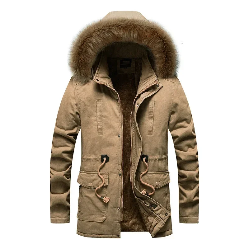 

Winter Warm Fluffy Coat Long Hooded Cotton Khaki Jacket Boys Lace Up Thick Parka Men Windbreaker Jacket Male Overcoat Plus Size