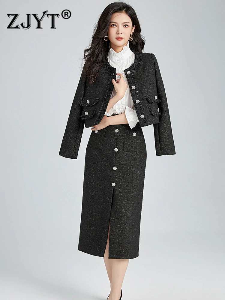 

ZJYT Elegant Office Lady Tweed Woolen Jacket and Skirt Suit Autumn Winter 2 Piece Dress Sets 2023 Designer Black Party Outfit