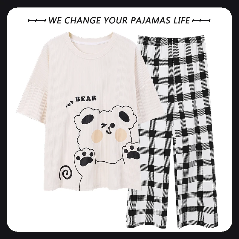 Summer Two Piece Sets for women Short Sleeved Plaid PJ Knitted Cotton Sleepwear Elegant Women's Pajamas Lounge Home Pijama Mujer
Summer Two Piece Sets for women Short Sleeved Plaid PJ Knitted Cotton Sleepwear Elegant Women's Pajamas Lounge Home Pijama Mujer