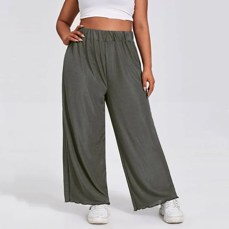 

Plus Size Elastic Waist Summer Elegant Wide Leg Pants Loose Rib Knitted Casual Straight Pants Trousers Plus Size Womens Bottoms