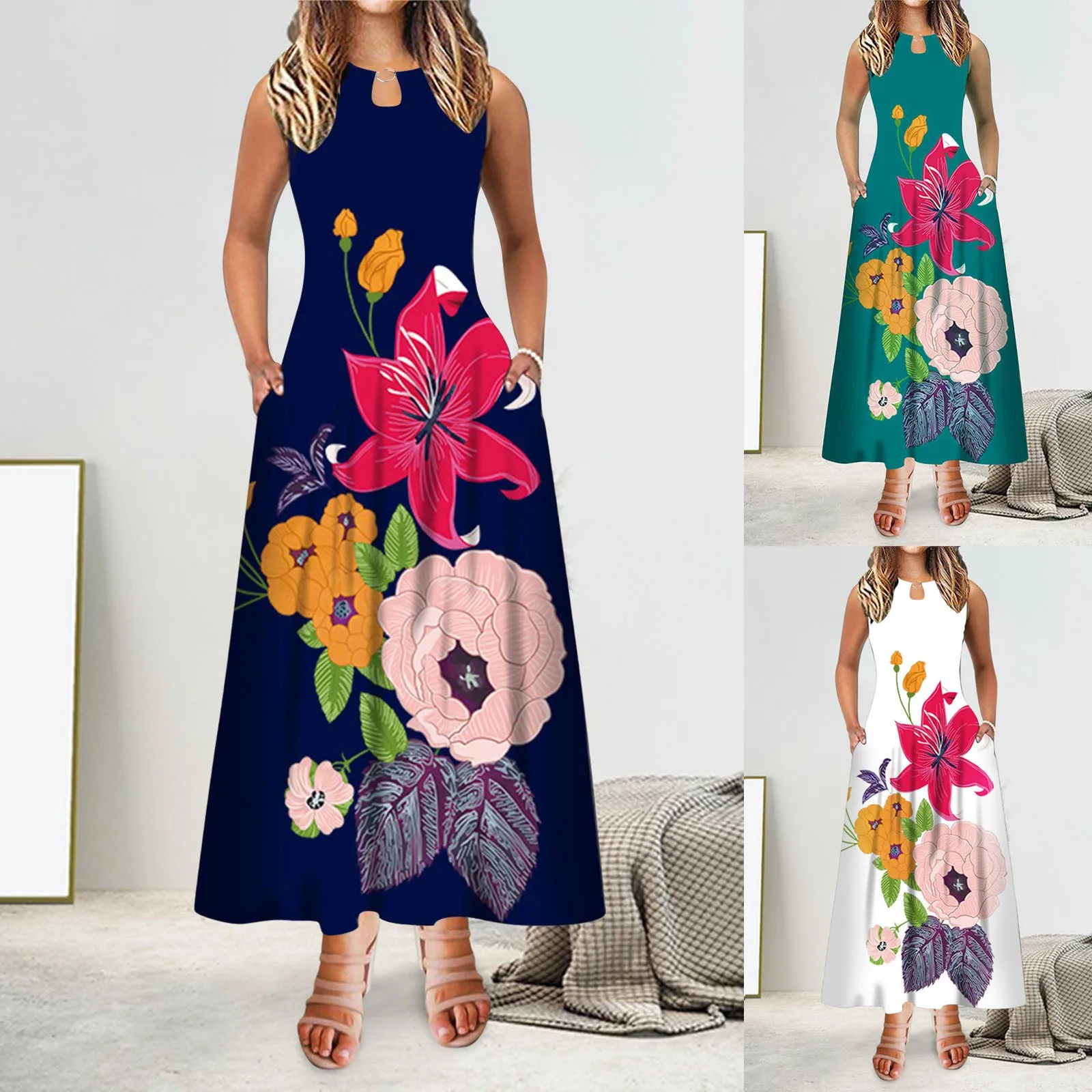 

2023 Summer Women Loose Maxi Dress With Pockets Keyhole Neck Sleeveless Flower Print Sundress Vintage Casual Beach Boho Sundress