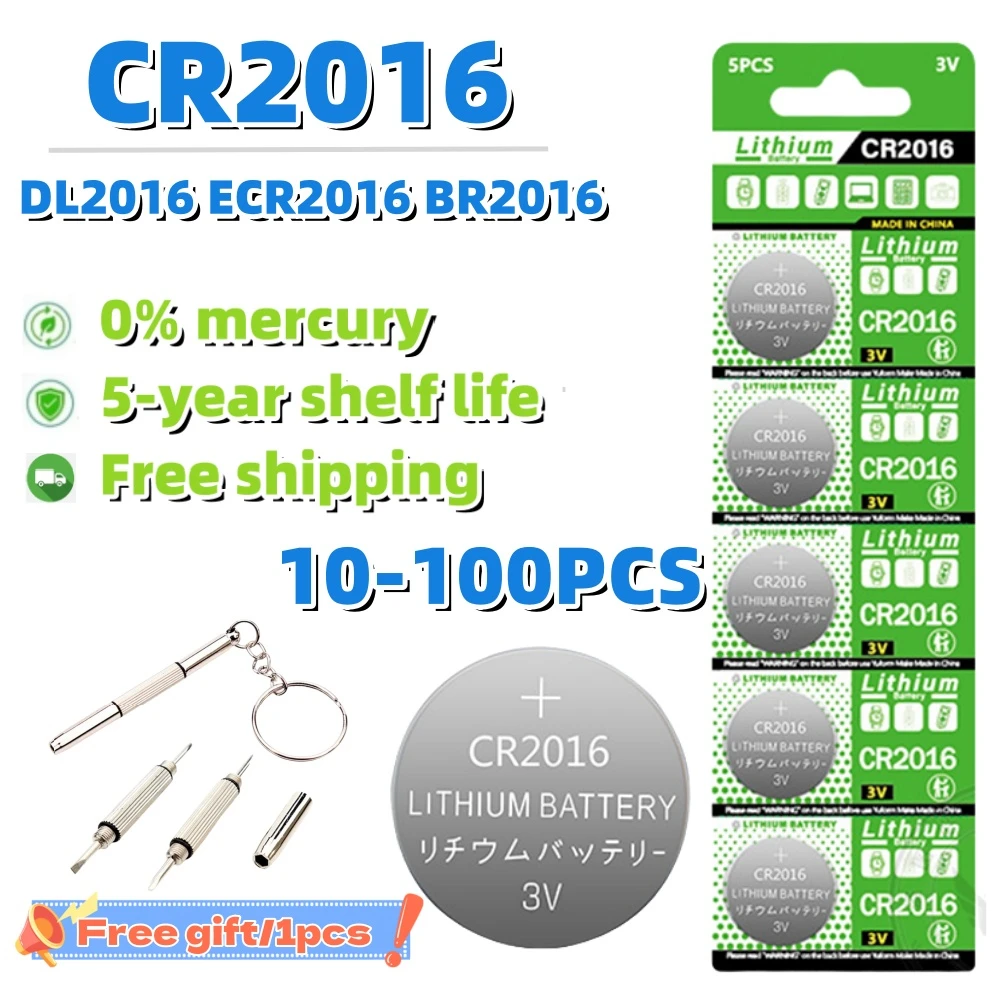 

10-100pcs CR2016 3V Lithium Battery Mercury free A Long-lasting Leak-free, Suitable for flashlights car keys watches key fobs