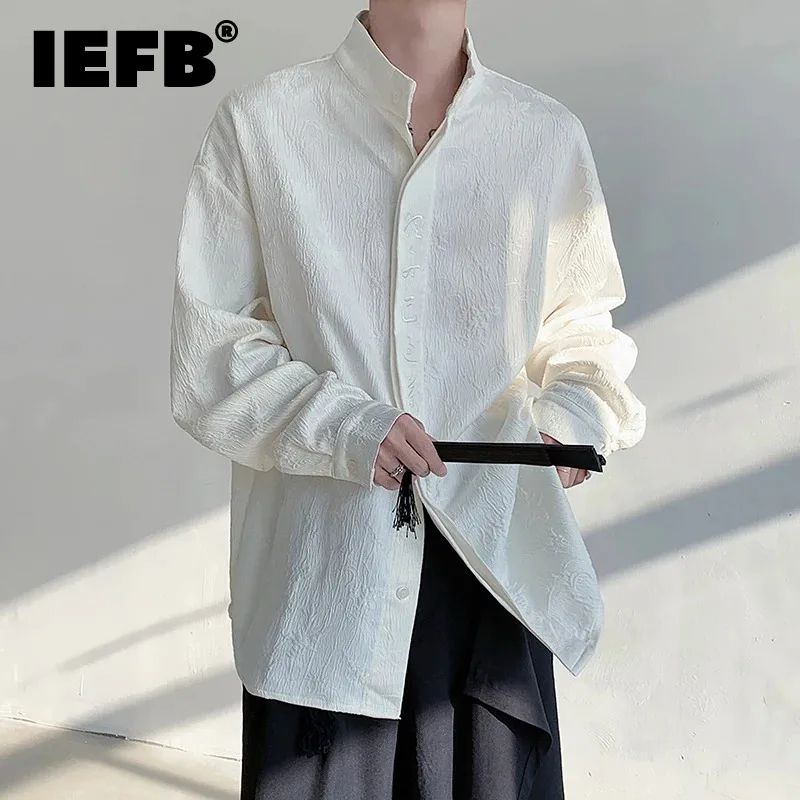 

IEFB New Chinese Shirt Men's 2024 Summer Texture Embroidered Design Long Sleeve Single Breasted Stand Collar Trendy Top 9C5889