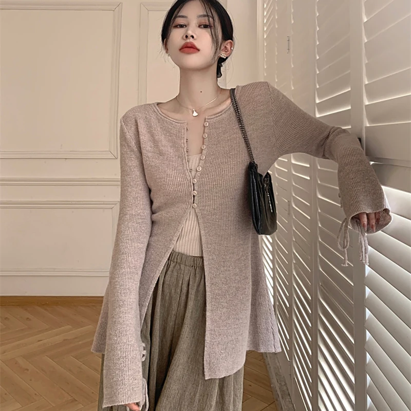 

New Y2K Cardigan Women Fashion Slim-fit Stretch Slit Knitted Cardigans Spring Autumn Button Down Long Sleeve Sweater Jacket