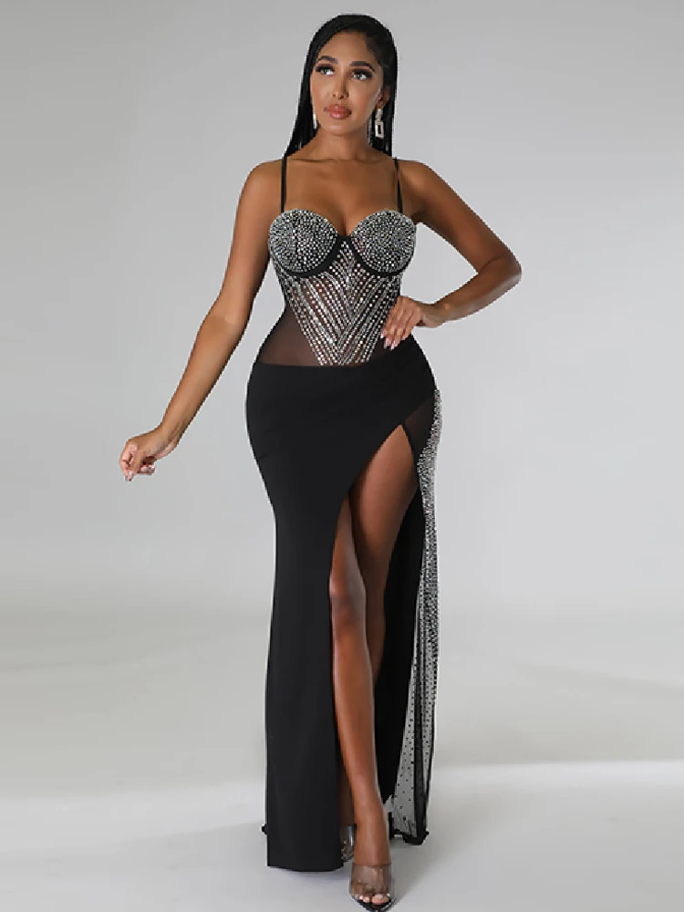 

2024 Women's Party Bag Buttocks Dress With Suspender High Slit Sleeveless Mesh Sparkling Diamond Sexy Nightclub Maxi Long Dress