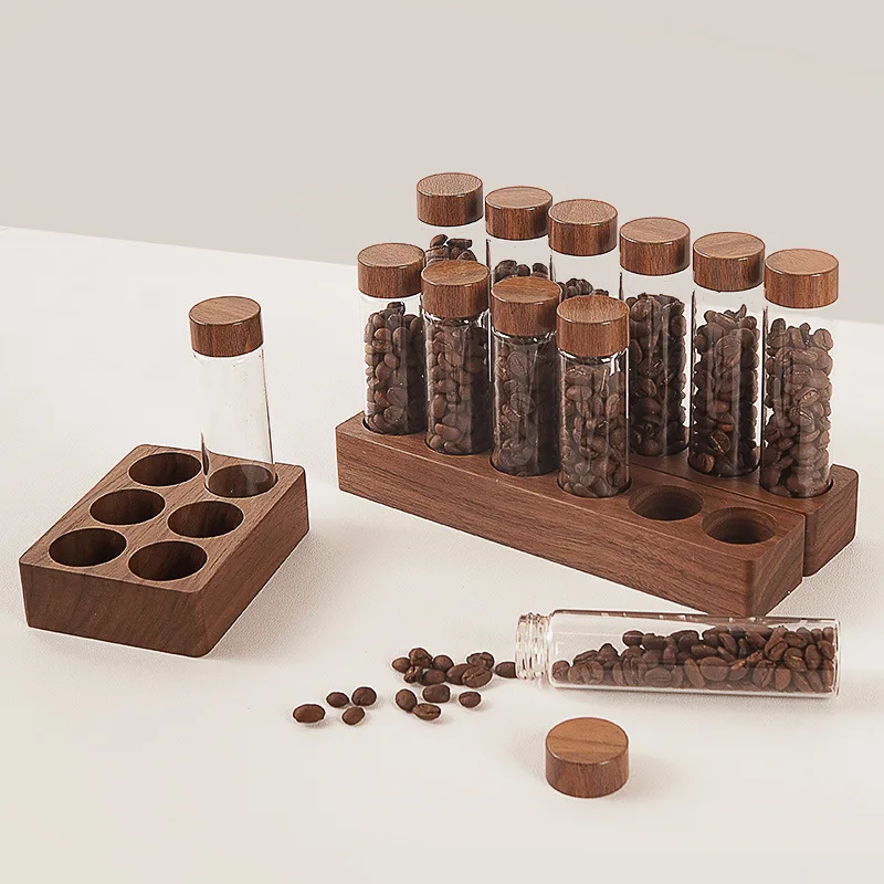 

Single Dose Coffee Bean Storage Tubes Coffee Bean Cellar 10 Pcs Dosing Glass Vials With Lids Wooden Display Stand And Funnel