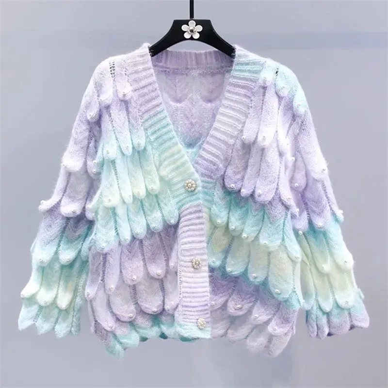 

2024 New Cardigan Sweater Spring Autumn Women Loose V-Neck Single-Breasted Knitwear Fashion Stereoscopic Petals Tops Female