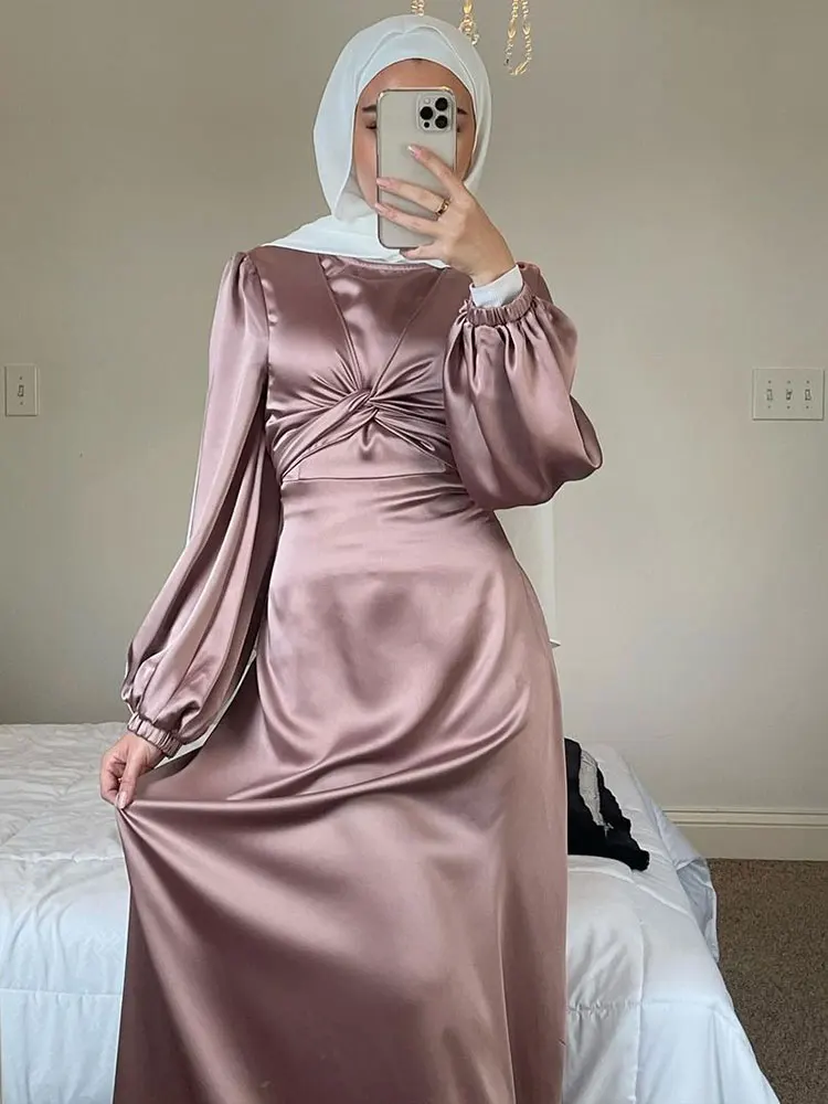 

Eid Satin Abaya Muslim Long Dress Women Elegant Wrap Front Belted Hijab Modest Dresses Party Arabic Islam Turkey Abayas Ramadan