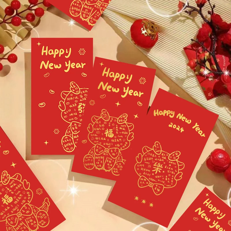 

6 шт., красные конверты Hongbao с мультяшным изображением дракона 2024, ярко-красный пакет, пакеты для денег на удачу, подарочный пакет