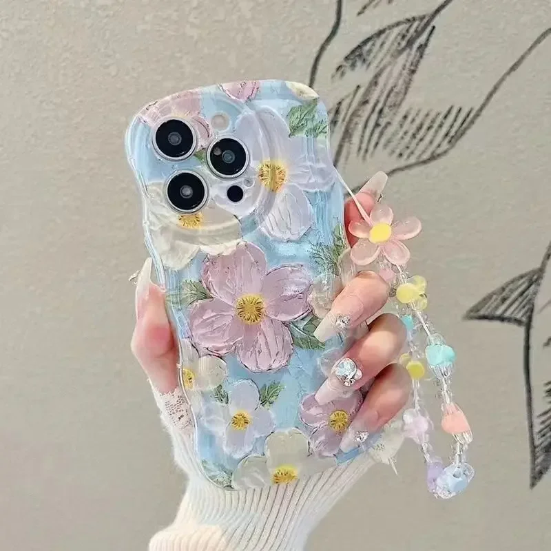 

3D Flower Painted Phone Case for IPhone 13 11 14 12 Pro Max Mini X XS XR 6 7 8 Plus 아이폰 케이스 Back Cover with Strap Чехол На Айфон