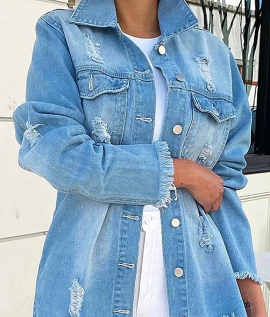 

Women's Denim Jacket 2023 New Ripped Asymmetrical Raw Hem Turndown Collar Washed Demin Tops Light Fashion Street Denim Jacket