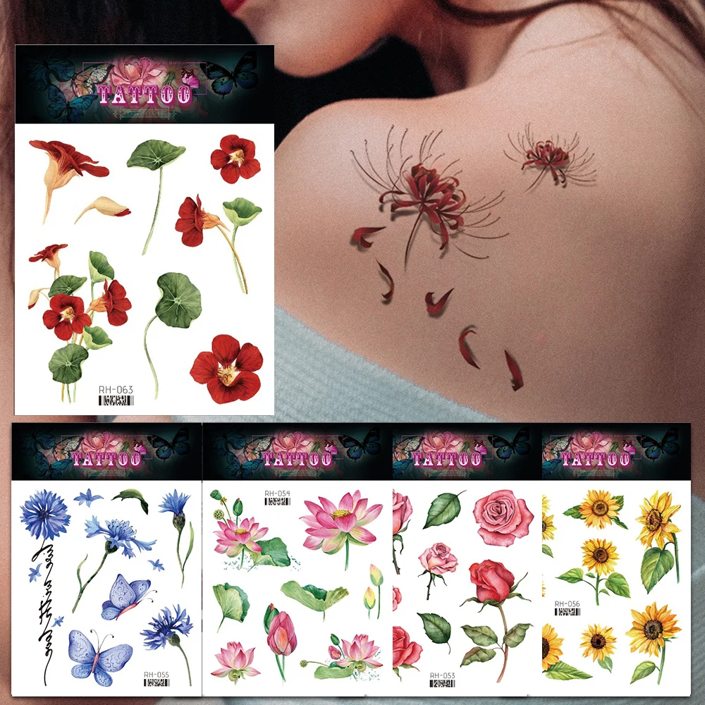 

3D Colorful Flower Tattoo Stickers Waterproof Temporary Tattoos Daisy Rose Watercolor Tattoo Arm Wrist Sexy Fake Tatoo Body Art