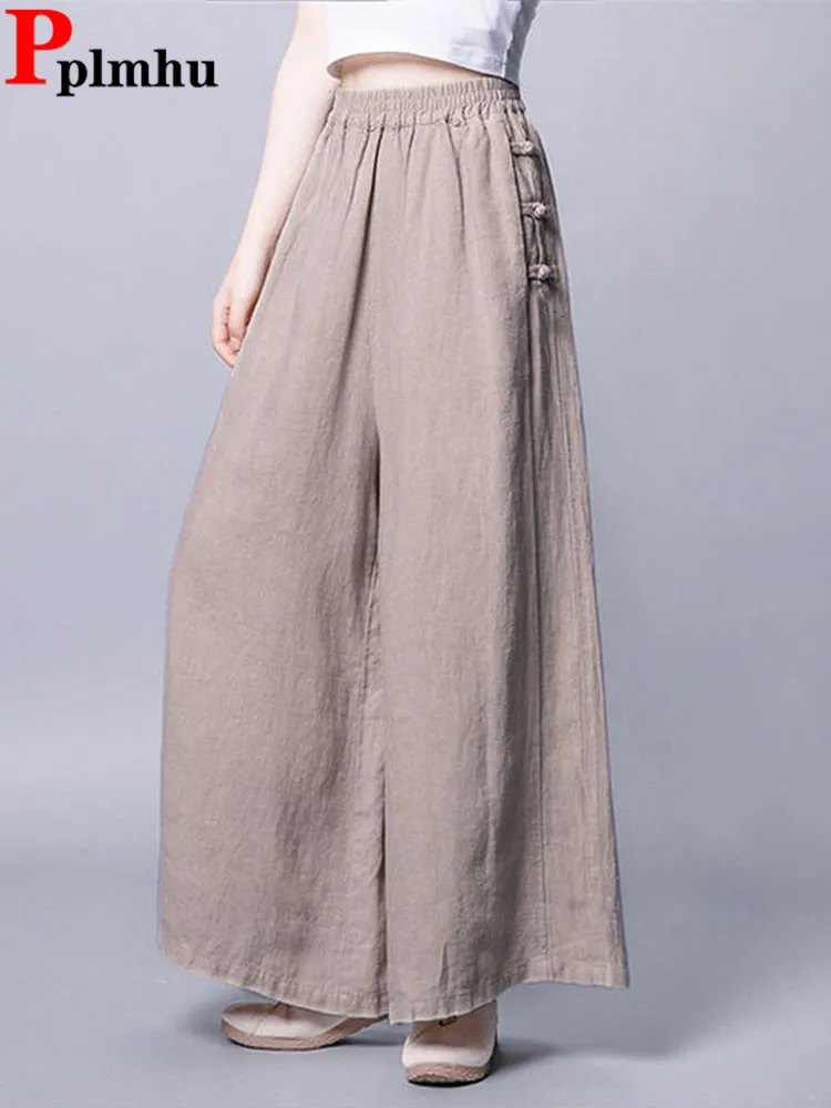 

Women Elastic High Waist Straight Pants Korean Casual Baggy Cotton Linen Pantalones Spring Fall Classic Solid Wide Leg Spodnie