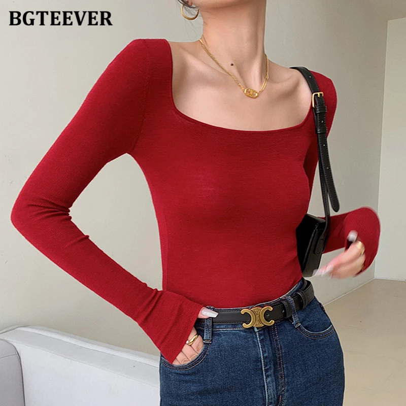 Весенние женские свитера BGTEEVER с квадратным воротником и длинным рукавом, элегантные базовые женские тонкие трикотажные топы