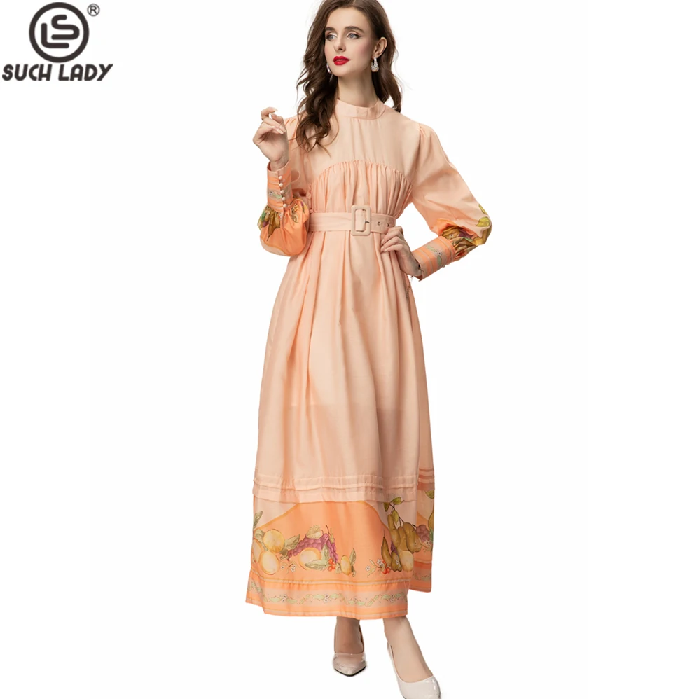 Женские модельные платья с воротником-стойкой, Элегантное макси-платье с длинным рукавом-фонариком и принтом и поясом 
Женские модельные платья с воротником-стойкой, Элегантное макси-платье с длинным рукавом-фонариком и принтом и поясом